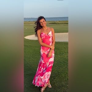 One and Only Collective Formal Vibrant Pink Floral Maxi Dress Stunning! NEW!
